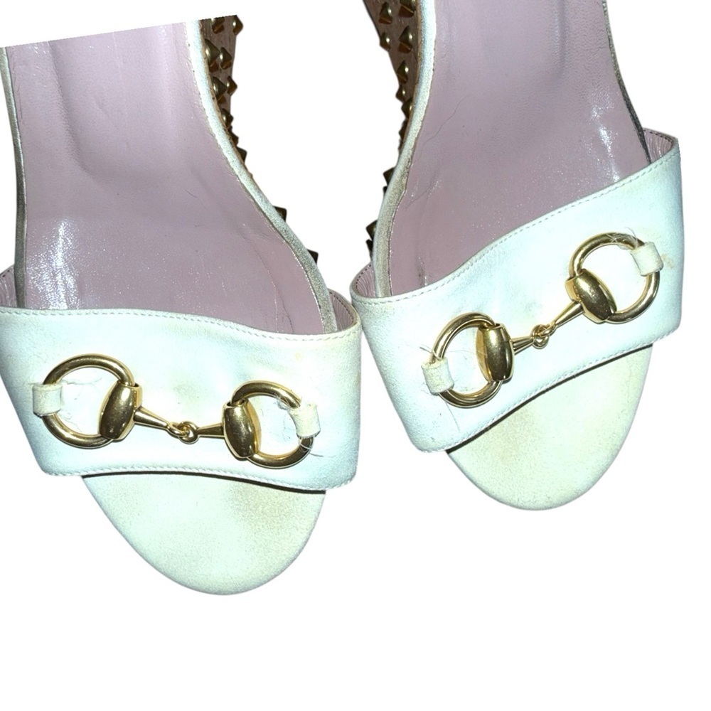▶️ Gucci ◀️ Liliane Suede Cork Cream and Gold Studded Sandals. Size 38 - Picture 7 of 16